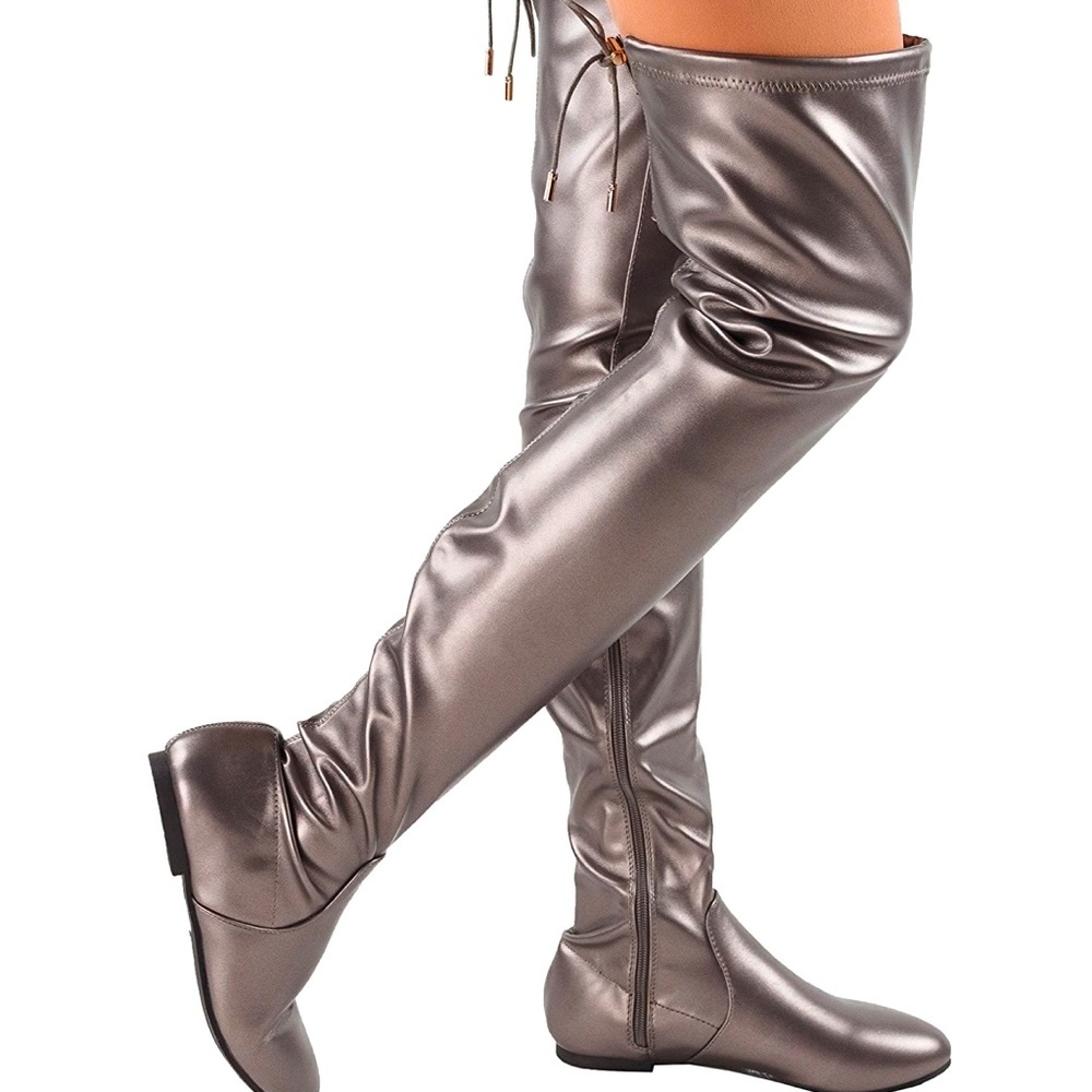 Flat silver boots metallic shine over the knee high no heel NWT